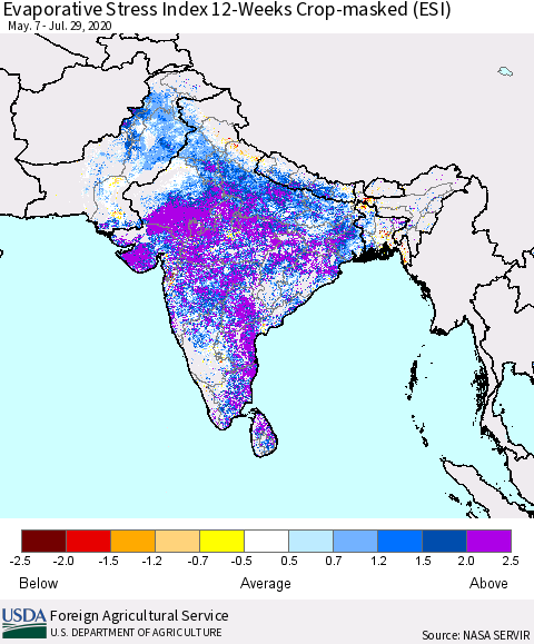 Southern Asia Evaporative Stress Index (ESI), 12-Weeks over Croplands Thematic Map For 7/27/2020 - 8/2/2020