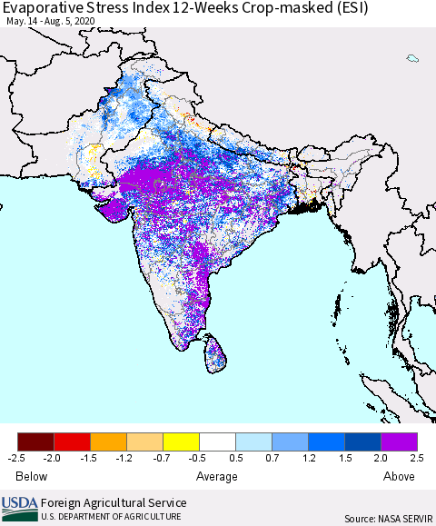 Southern Asia Evaporative Stress Index (ESI), 12-Weeks over Croplands Thematic Map For 8/3/2020 - 8/9/2020