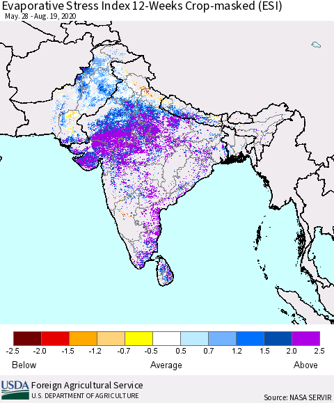 Southern Asia Evaporative Stress Index (ESI), 12-Weeks over Croplands Thematic Map For 8/17/2020 - 8/23/2020