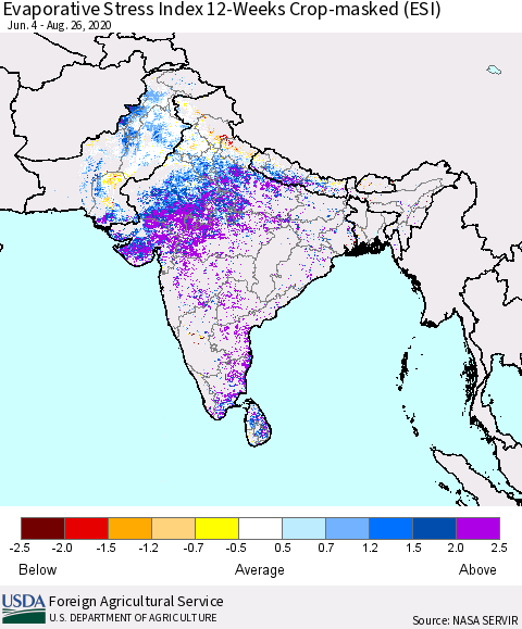 Southern Asia Evaporative Stress Index (ESI), 12-Weeks over Croplands Thematic Map For 8/24/2020 - 8/30/2020