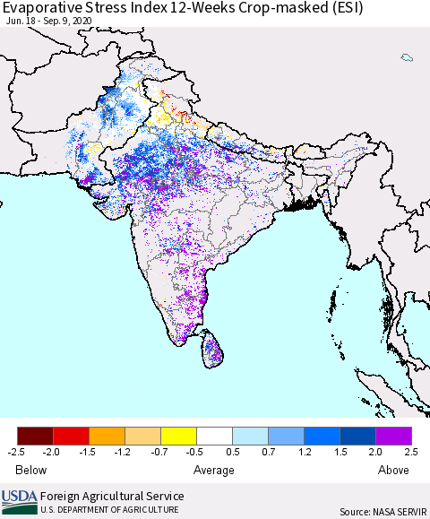 Southern Asia Evaporative Stress Index (ESI), 12-Weeks over Croplands Thematic Map For 9/7/2020 - 9/13/2020