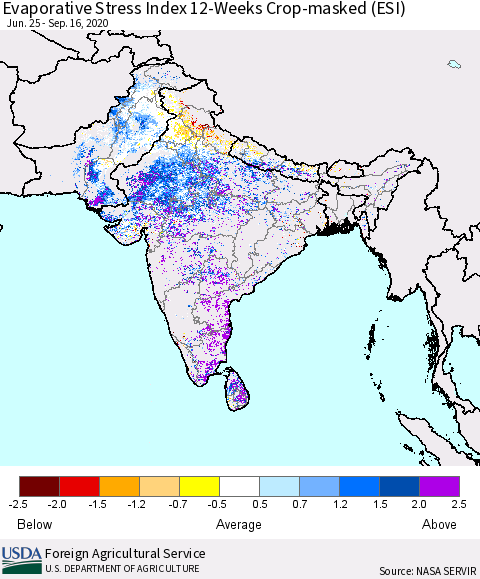 Southern Asia Evaporative Stress Index (ESI), 12-Weeks over Croplands Thematic Map For 9/14/2020 - 9/20/2020