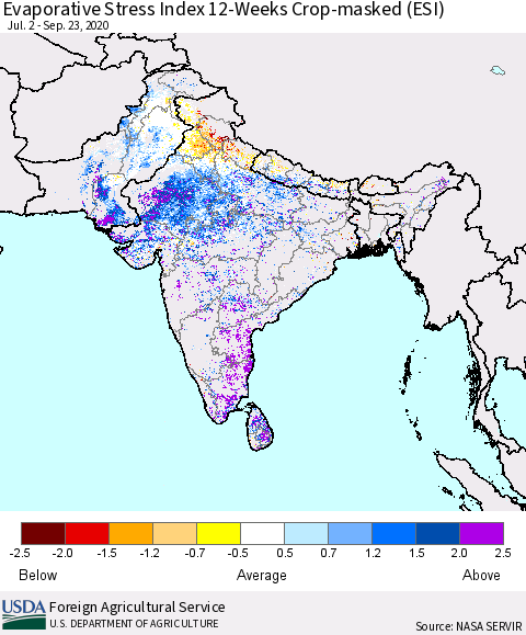 Southern Asia Evaporative Stress Index (ESI), 12-Weeks over Croplands Thematic Map For 9/21/2020 - 9/27/2020