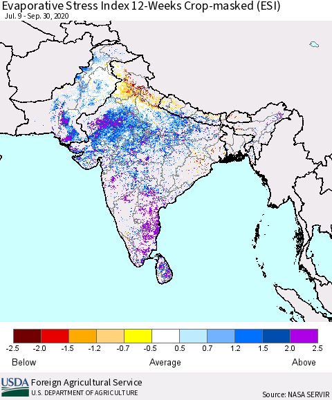 Southern Asia Evaporative Stress Index (ESI), 12-Weeks over Croplands Thematic Map For 9/28/2020 - 10/4/2020
