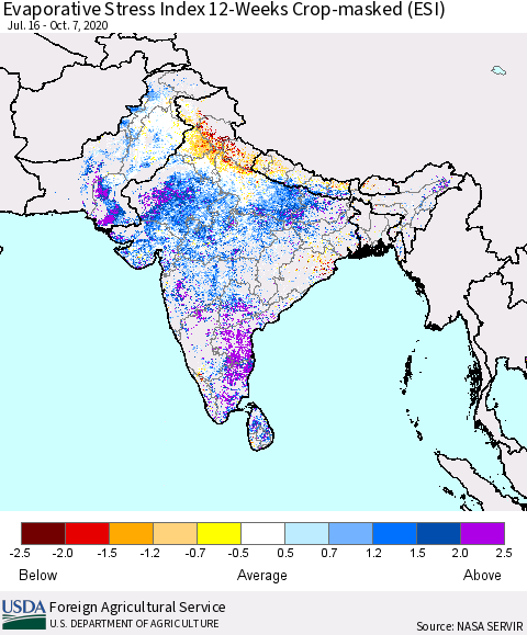 Southern Asia Evaporative Stress Index 12-Weeks Crop-masked (ESI) Thematic Map For 10/5/2020 - 10/11/2020