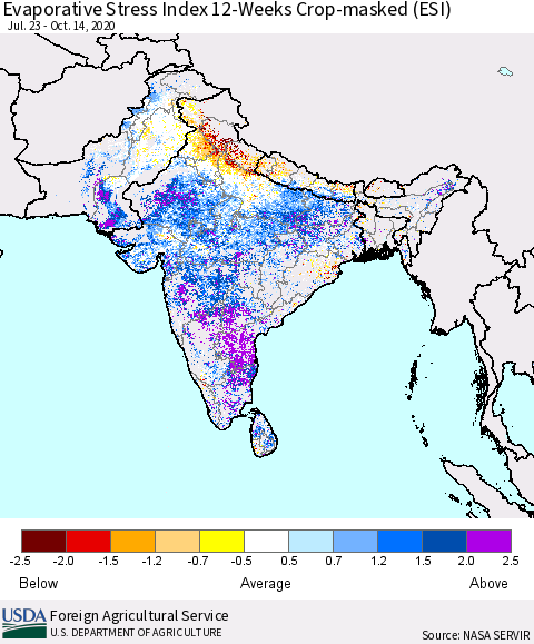 Southern Asia Evaporative Stress Index 12-Weeks Crop-masked (ESI) Thematic Map For 10/12/2020 - 10/18/2020