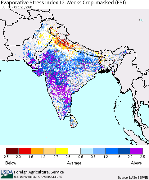 Southern Asia Evaporative Stress Index 12-Weeks Crop-masked (ESI) Thematic Map For 10/19/2020 - 10/25/2020
