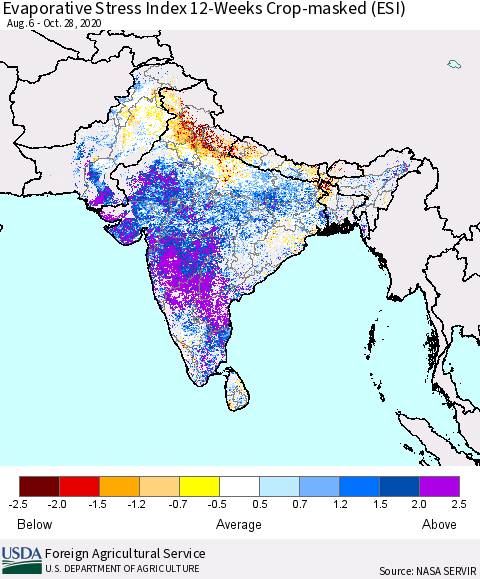 Southern Asia Evaporative Stress Index 12-Weeks Crop-masked (ESI) Thematic Map For 10/26/2020 - 11/1/2020
