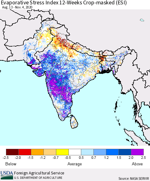 Southern Asia Evaporative Stress Index (ESI), 12-Weeks over Croplands Thematic Map For 11/2/2020 - 11/8/2020
