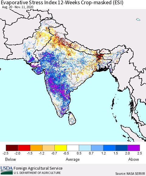 Southern Asia Evaporative Stress Index (ESI), 12-Weeks over Croplands Thematic Map For 11/9/2020 - 11/15/2020