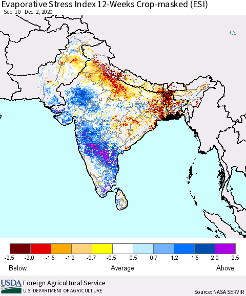 Southern Asia Evaporative Stress Index (ESI), 12-Weeks over Croplands Thematic Map For 11/30/2020 - 12/6/2020