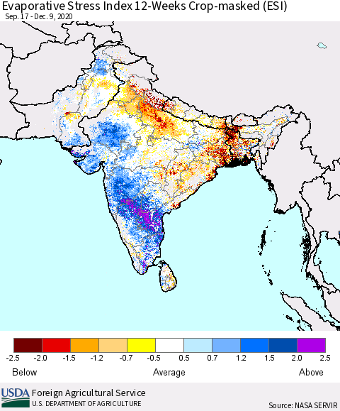 Southern Asia Evaporative Stress Index 12-Weeks Crop-masked (ESI) Thematic Map For 12/7/2020 - 12/13/2020
