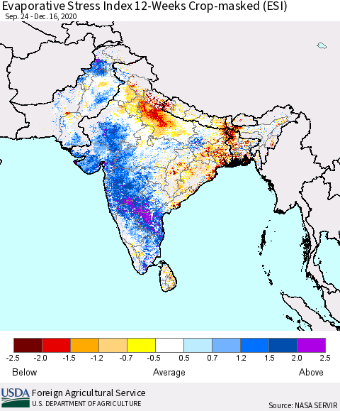 Southern Asia Evaporative Stress Index 12-Weeks Crop-masked (ESI) Thematic Map For 12/14/2020 - 12/20/2020