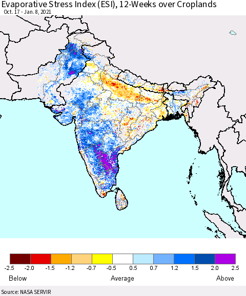 Southern Asia Evaporative Stress Index 12-Weeks Crop-masked (ESI) Thematic Map For 1/4/2021 - 1/10/2021