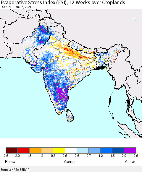 Southern Asia Evaporative Stress Index 12-Weeks Crop-masked (ESI) Thematic Map For 1/11/2021 - 1/17/2021
