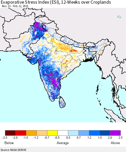 Southern Asia Evaporative Stress Index 12-Weeks Crop-masked (ESI) Thematic Map For 2/8/2021 - 2/14/2021