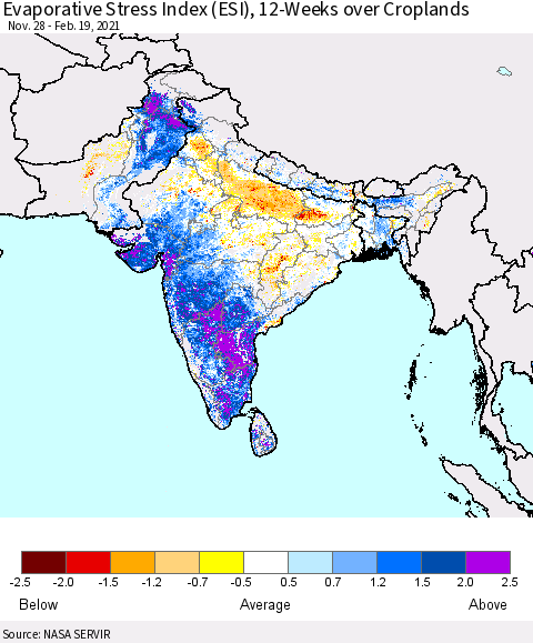 Southern Asia Evaporative Stress Index 12-Weeks Crop-masked (ESI) Thematic Map For 2/15/2021 - 2/21/2021