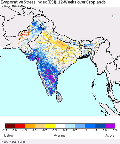 Southern Asia Evaporative Stress Index (ESI), 12-Weeks over Croplands Thematic Map For 3/1/2021 - 3/7/2021