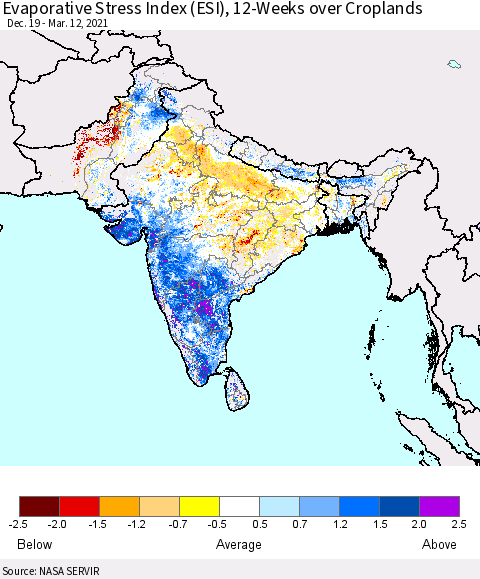 Southern Asia Evaporative Stress Index (ESI), 12-Weeks over Croplands Thematic Map For 3/8/2021 - 3/14/2021