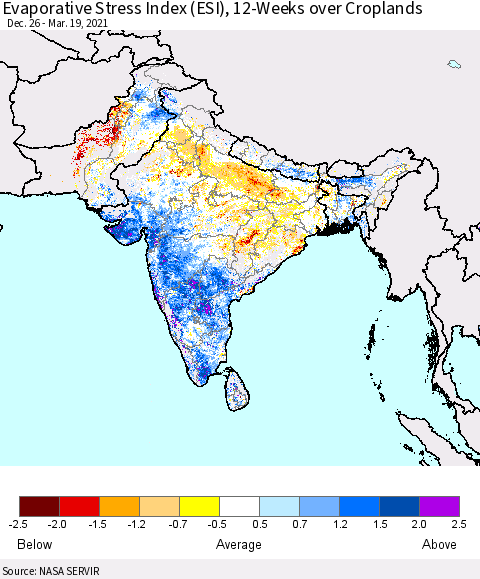 Southern Asia Evaporative Stress Index 12-Weeks Crop-masked (ESI) Thematic Map For 3/15/2021 - 3/21/2021