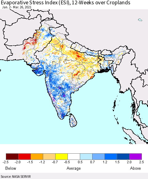 Southern Asia Evaporative Stress Index 12-Weeks Crop-masked (ESI) Thematic Map For 3/22/2021 - 3/28/2021