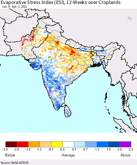 Southern Asia Evaporative Stress Index (ESI), 12-Weeks over Croplands Thematic Map For 3/29/2021 - 4/4/2021
