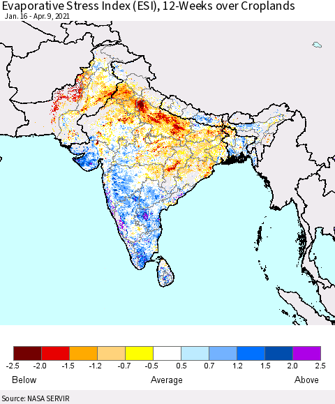 Southern Asia Evaporative Stress Index (ESI), 12-Weeks over Croplands Thematic Map For 4/5/2021 - 4/11/2021