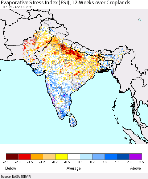 Southern Asia Evaporative Stress Index (ESI), 12-Weeks over Croplands Thematic Map For 4/12/2021 - 4/18/2021