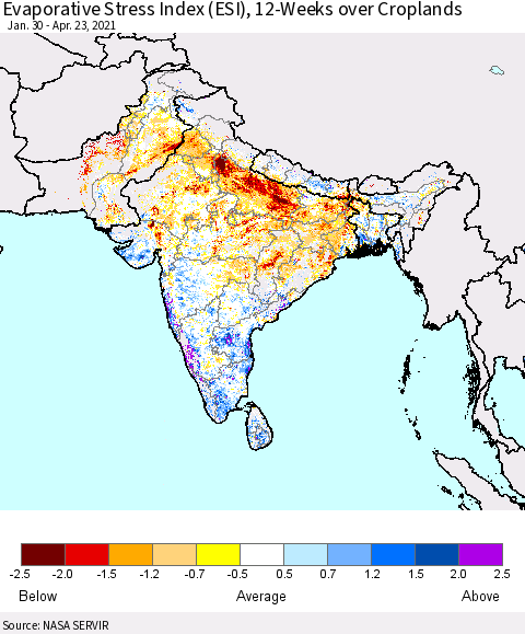 Southern Asia Evaporative Stress Index (ESI), 12-Weeks over Croplands Thematic Map For 4/19/2021 - 4/25/2021