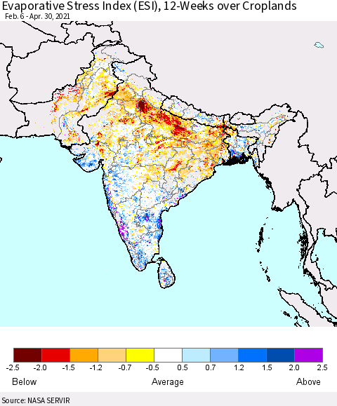 Southern Asia Evaporative Stress Index (ESI), 12-Weeks over Croplands Thematic Map For 4/26/2021 - 5/2/2021