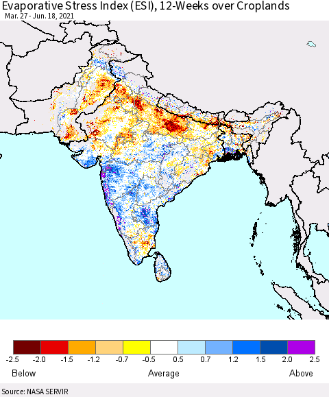 Southern Asia Evaporative Stress Index (ESI), 12-Weeks over Croplands Thematic Map For 6/14/2021 - 6/20/2021