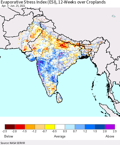 Southern Asia Evaporative Stress Index (ESI), 12-Weeks over Croplands Thematic Map For 6/21/2021 - 6/27/2021