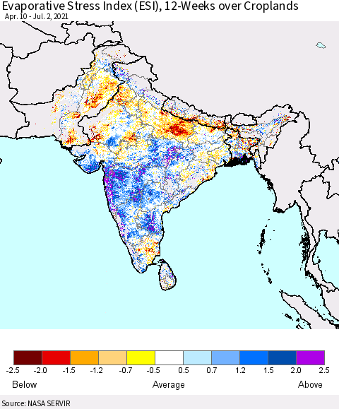 Southern Asia Evaporative Stress Index (ESI), 12-Weeks over Croplands Thematic Map For 6/28/2021 - 7/4/2021