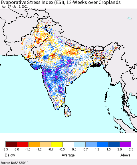 Southern Asia Evaporative Stress Index (ESI), 12-Weeks over Croplands Thematic Map For 7/5/2021 - 7/11/2021