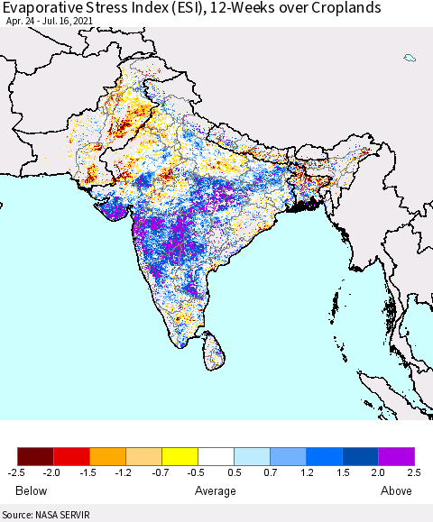 Southern Asia Evaporative Stress Index (ESI), 12-Weeks over Croplands Thematic Map For 7/12/2021 - 7/18/2021