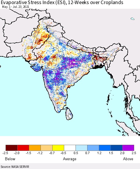 Southern Asia Evaporative Stress Index (ESI), 12-Weeks over Croplands Thematic Map For 7/19/2021 - 7/25/2021