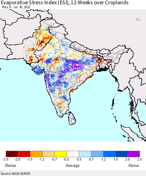 Southern Asia Evaporative Stress Index (ESI), 12-Weeks over Croplands Thematic Map For 7/26/2021 - 8/1/2021