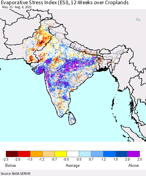 Southern Asia Evaporative Stress Index (ESI), 12-Weeks over Croplands Thematic Map For 8/2/2021 - 8/8/2021