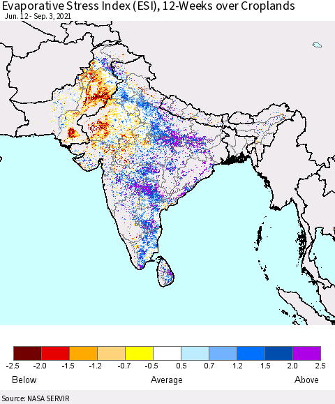 Southern Asia Evaporative Stress Index (ESI), 12-Weeks over Croplands Thematic Map For 8/30/2021 - 9/5/2021