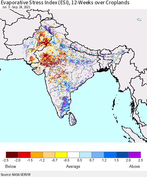 Southern Asia Evaporative Stress Index (ESI), 12-Weeks over Croplands Thematic Map For 9/20/2021 - 9/26/2021