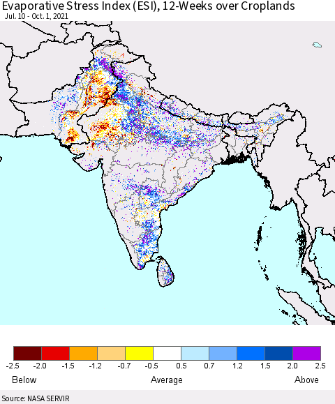 Southern Asia Evaporative Stress Index (ESI), 12-Weeks over Croplands Thematic Map For 9/27/2021 - 10/3/2021