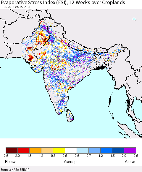 Southern Asia Evaporative Stress Index (ESI), 12-Weeks over Croplands Thematic Map For 10/11/2021 - 10/17/2021