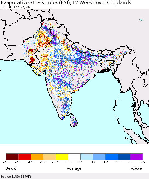 Southern Asia Evaporative Stress Index (ESI), 12-Weeks over Croplands Thematic Map For 10/18/2021 - 10/24/2021