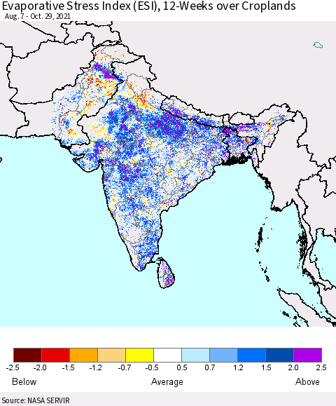 Southern Asia Evaporative Stress Index (ESI), 12-Weeks over Croplands Thematic Map For 10/25/2021 - 10/31/2021