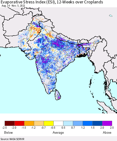 Southern Asia Evaporative Stress Index (ESI), 12-Weeks over Croplands Thematic Map For 11/1/2021 - 11/7/2021