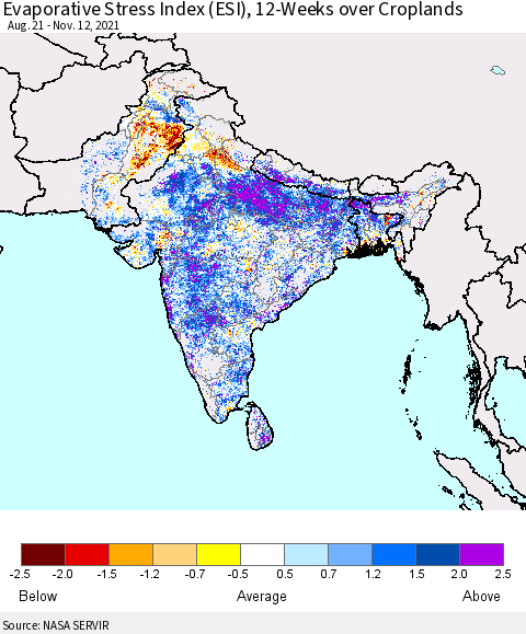 Southern Asia Evaporative Stress Index (ESI), 12-Weeks over Croplands Thematic Map For 11/8/2021 - 11/14/2021