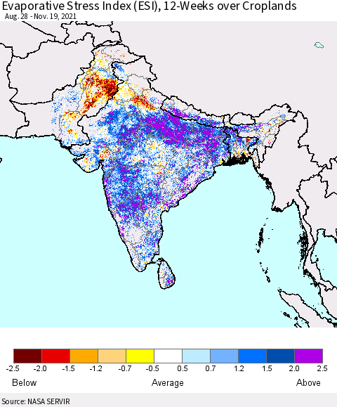 Southern Asia Evaporative Stress Index (ESI), 12-Weeks over Croplands Thematic Map For 11/15/2021 - 11/21/2021