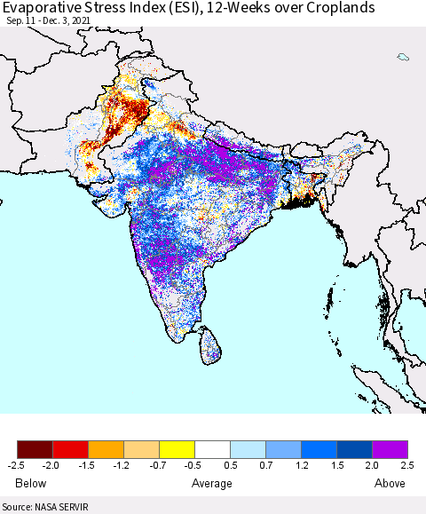 Southern Asia Evaporative Stress Index (ESI), 12-Weeks over Croplands Thematic Map For 11/29/2021 - 12/5/2021