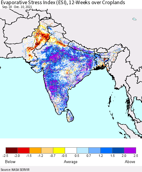 Southern Asia Evaporative Stress Index (ESI), 12-Weeks over Croplands Thematic Map For 12/6/2021 - 12/12/2021