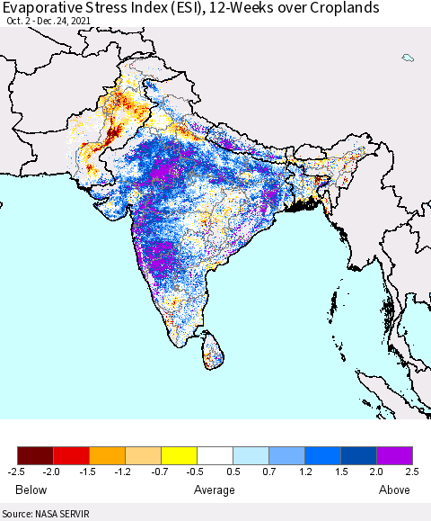 Southern Asia Evaporative Stress Index (ESI), 12-Weeks over Croplands Thematic Map For 12/20/2021 - 12/26/2021